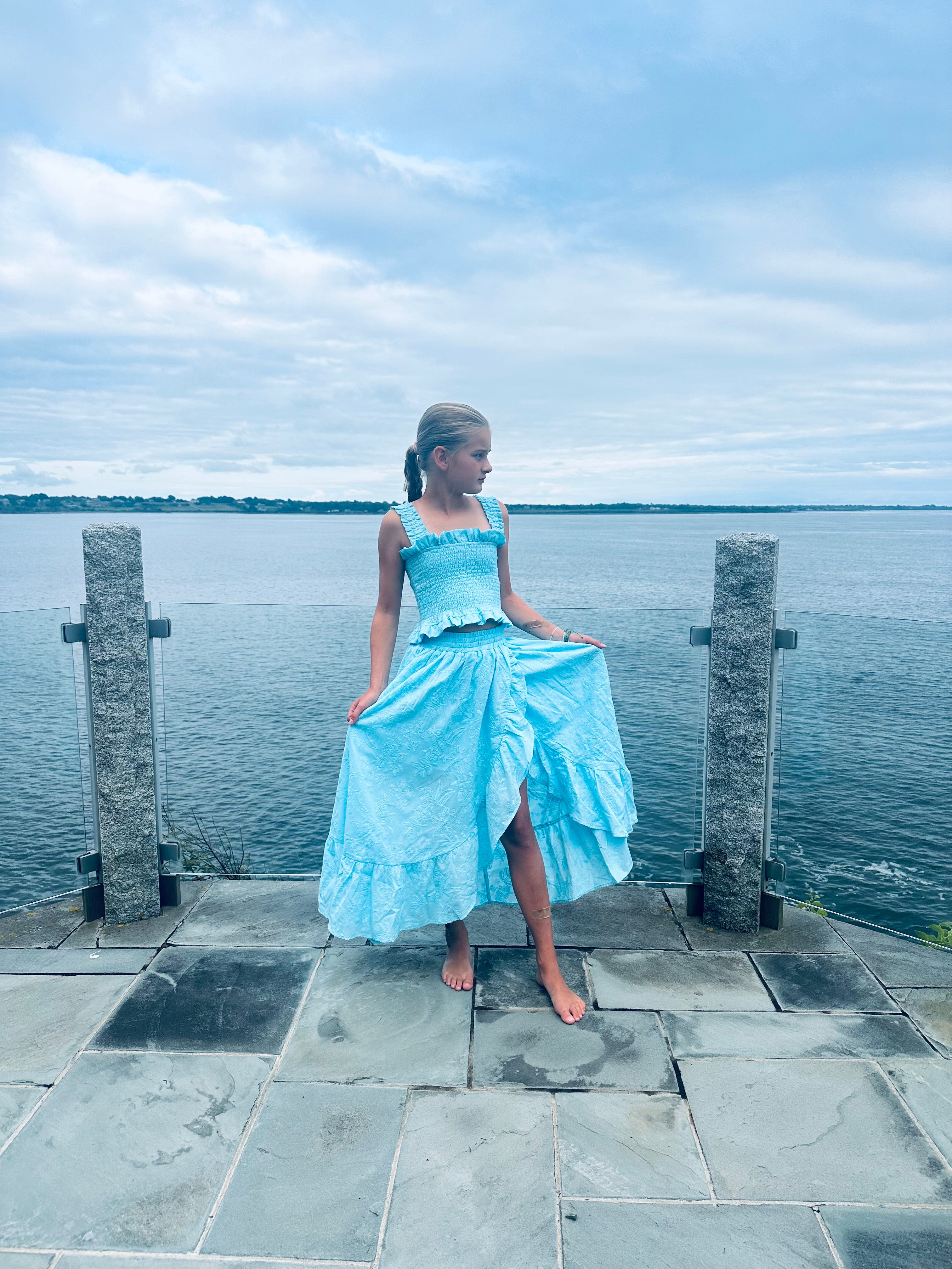 Turquoise Long Smocked Ruffle Skirt