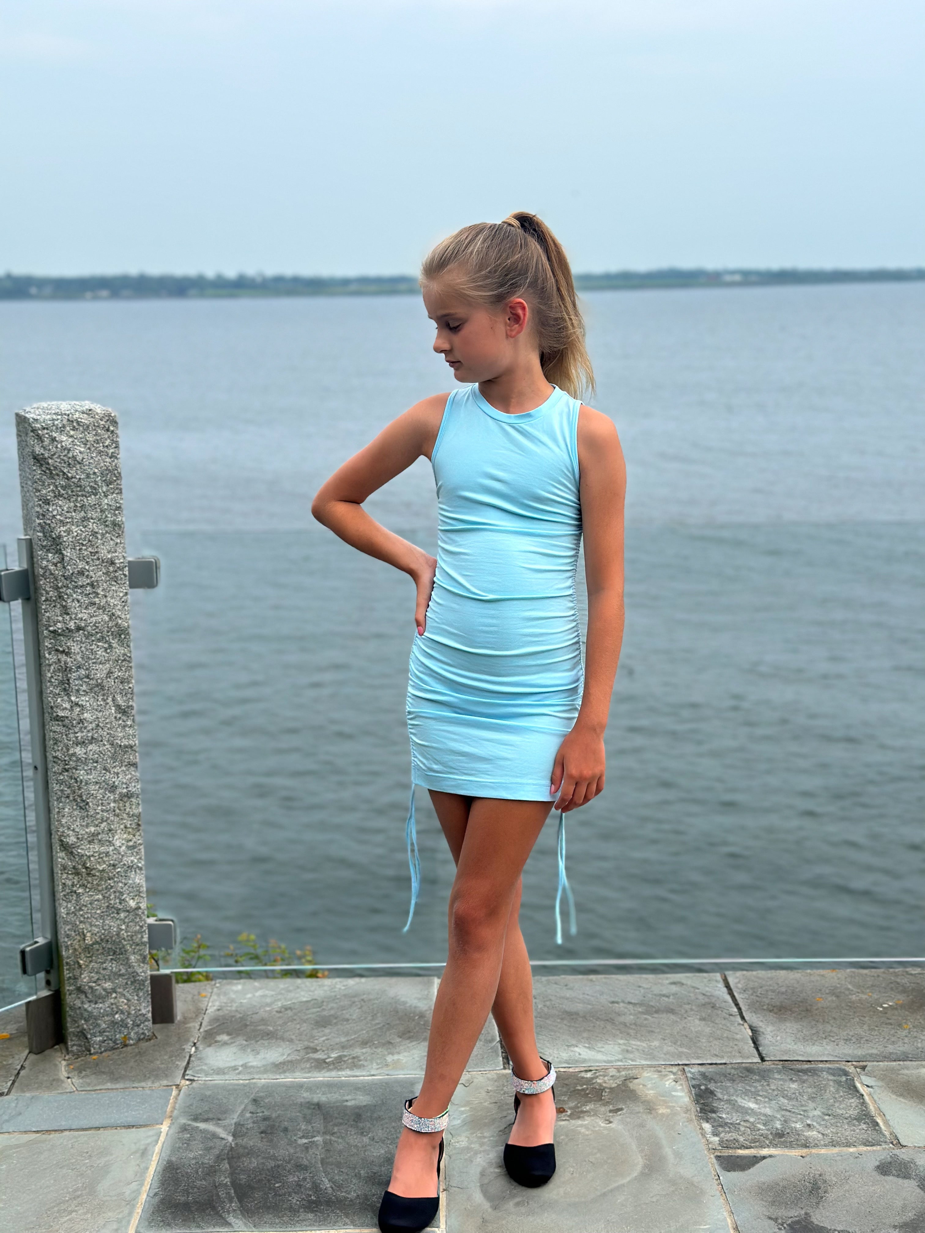 Blue Gathered Jersey Dress