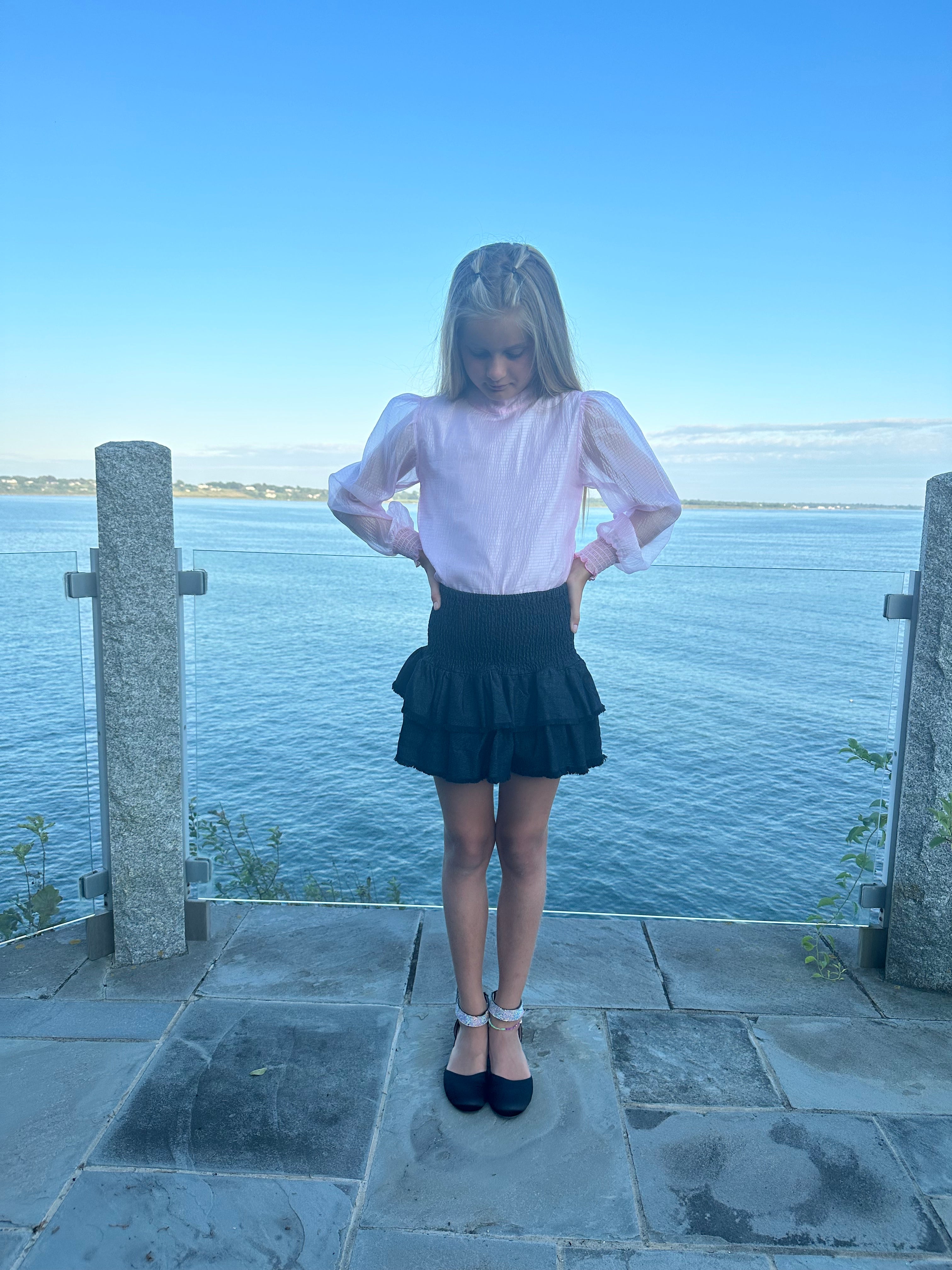 Black Denim Smocked Ruffle Mini Skirt FW23
