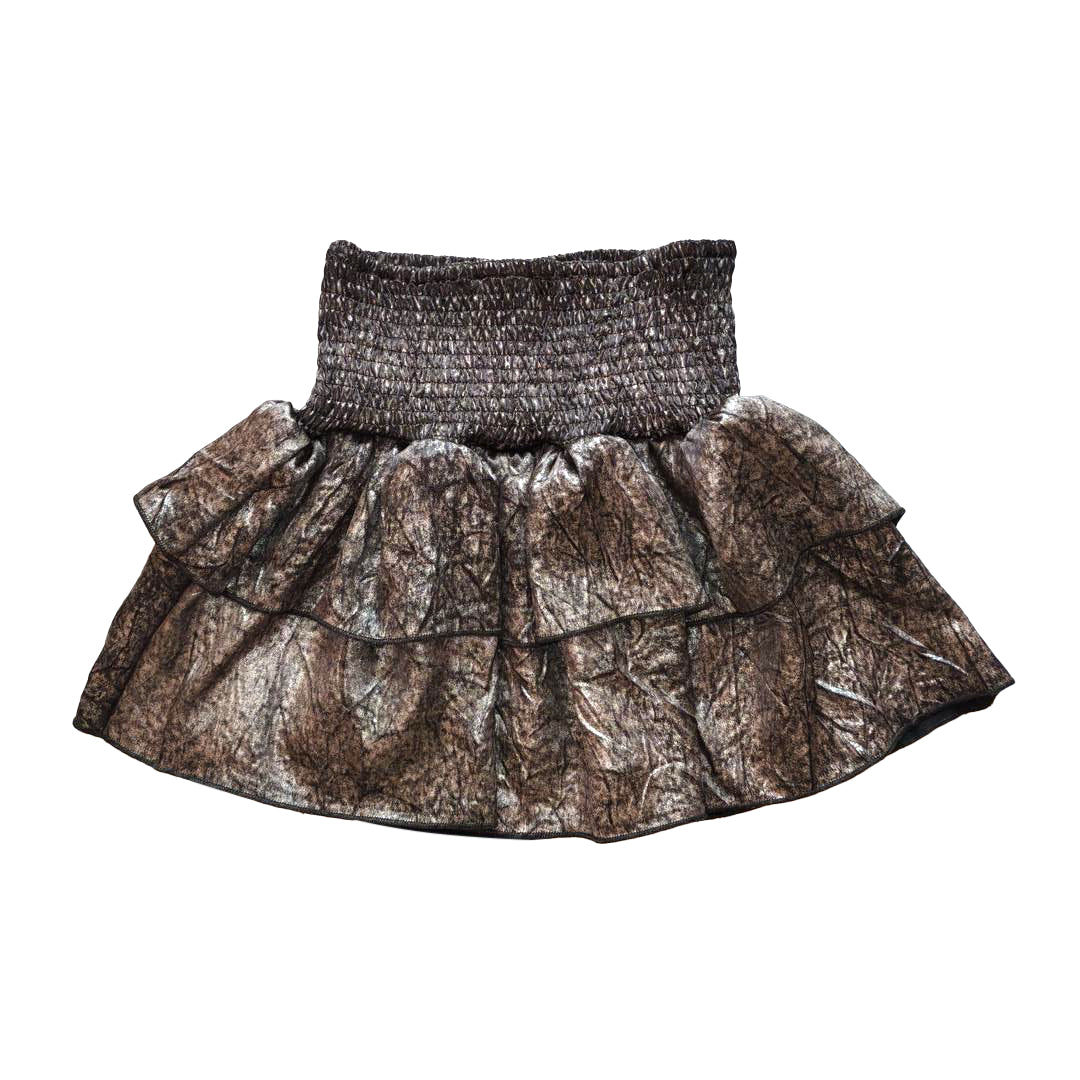 Black Metallic Smocked Ruffle Mini Skirt 34