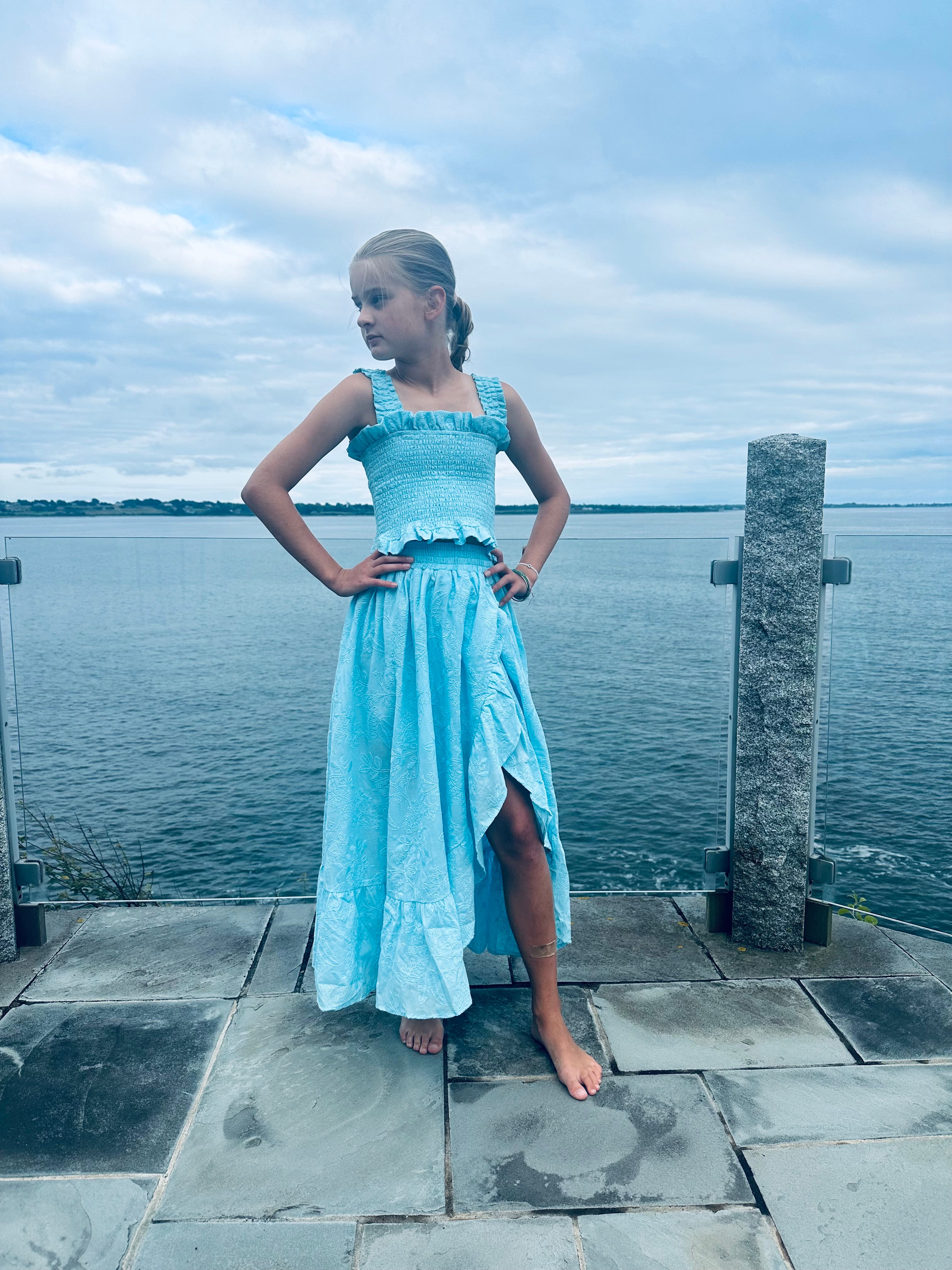 Turquoise Long Smocked Ruffle Skirt