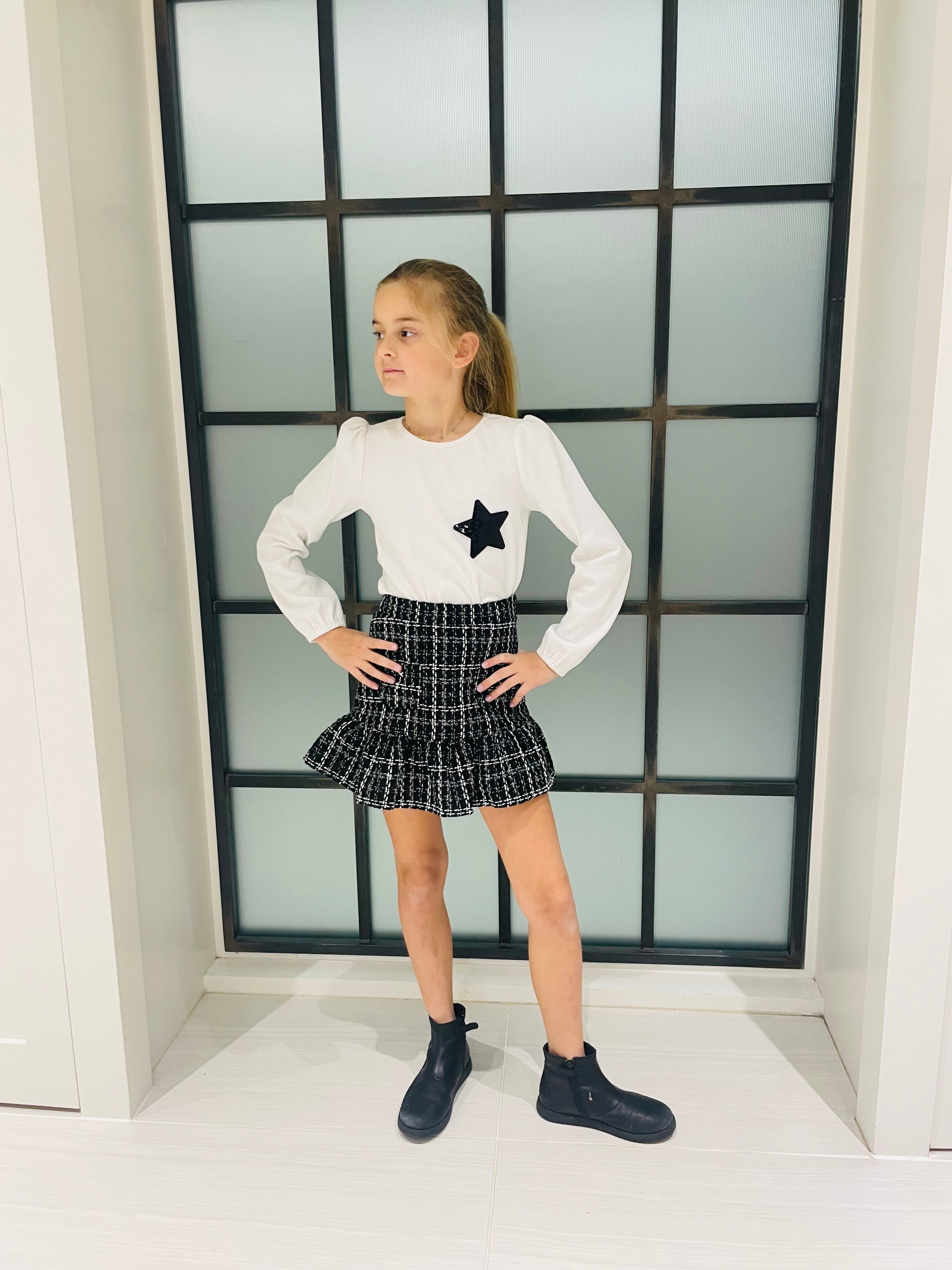 Black & Silver Tweed Ruffle Mini Skirt FW23