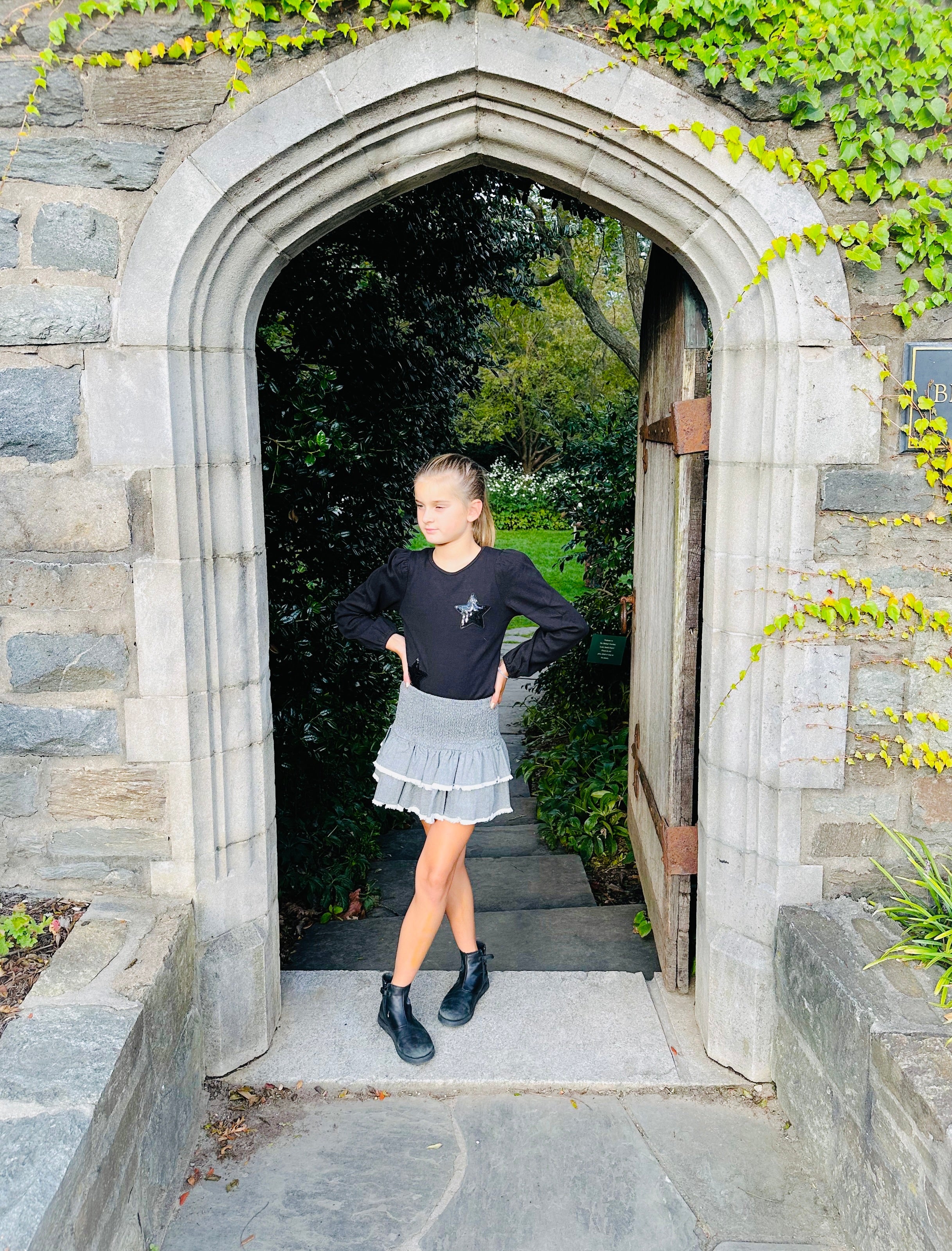 Grey Denim Smocked Ruffle Mini Skirt FW23