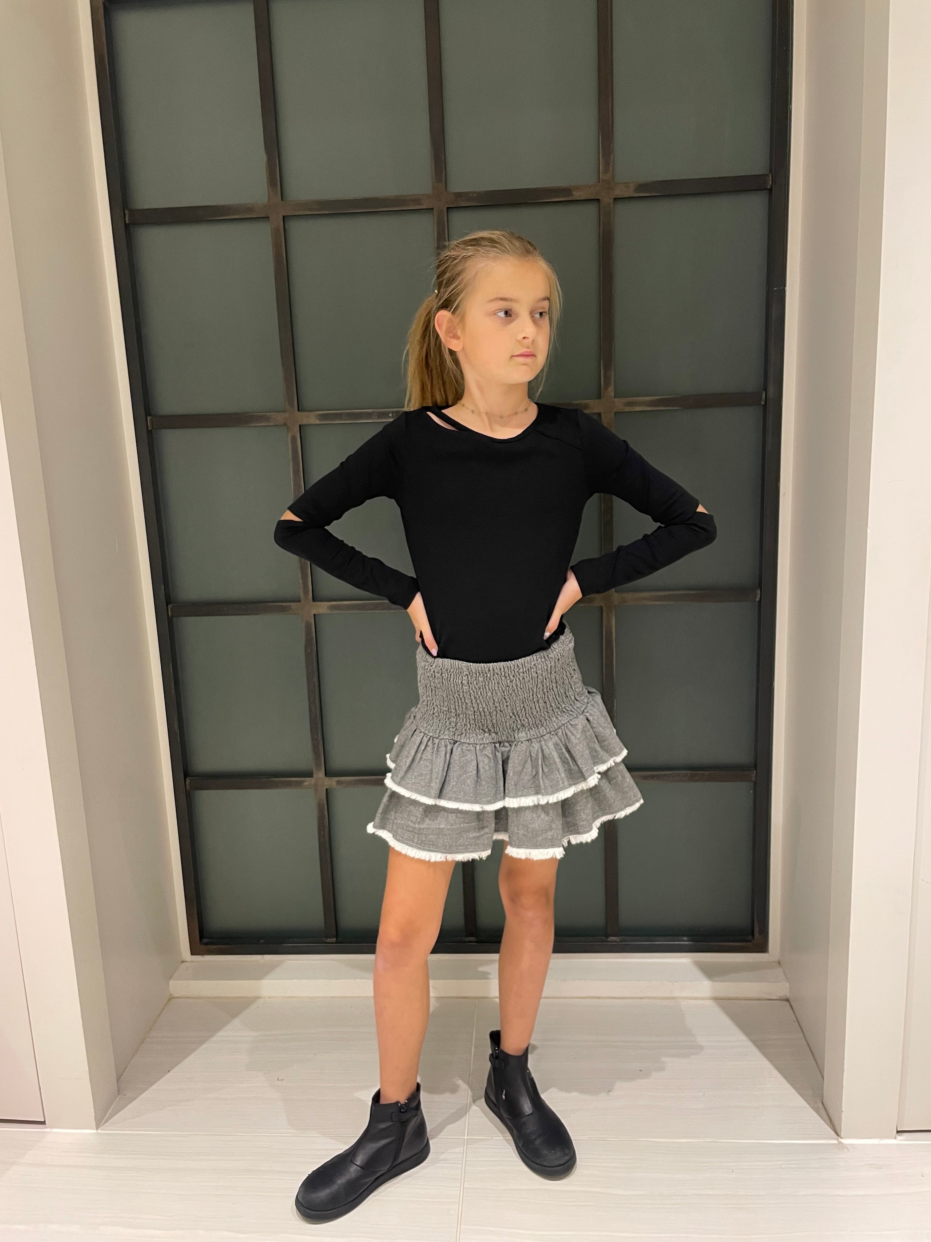 Grey Denim Smocked Ruffle Mini Skirt FW23