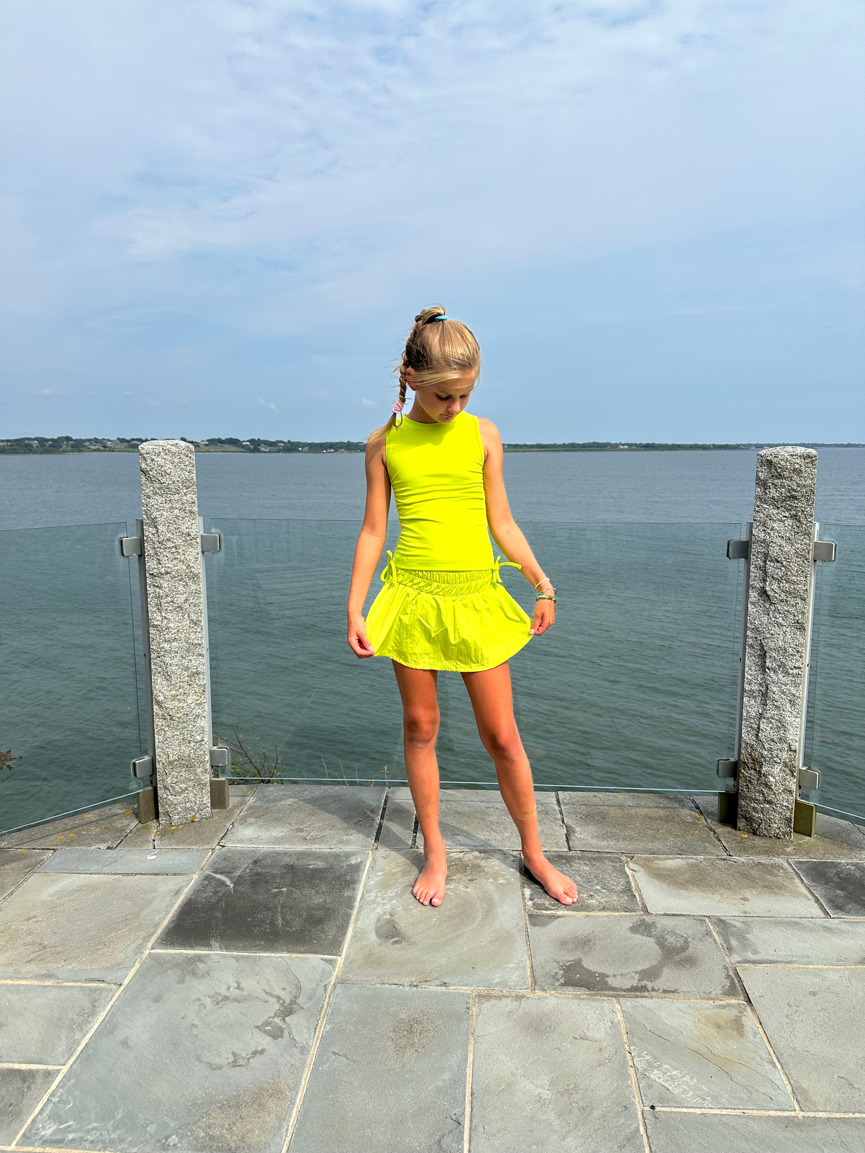 Neon Yellow Gathered Mini Skort Double-layer Mini Skort with Shorts visible at the back