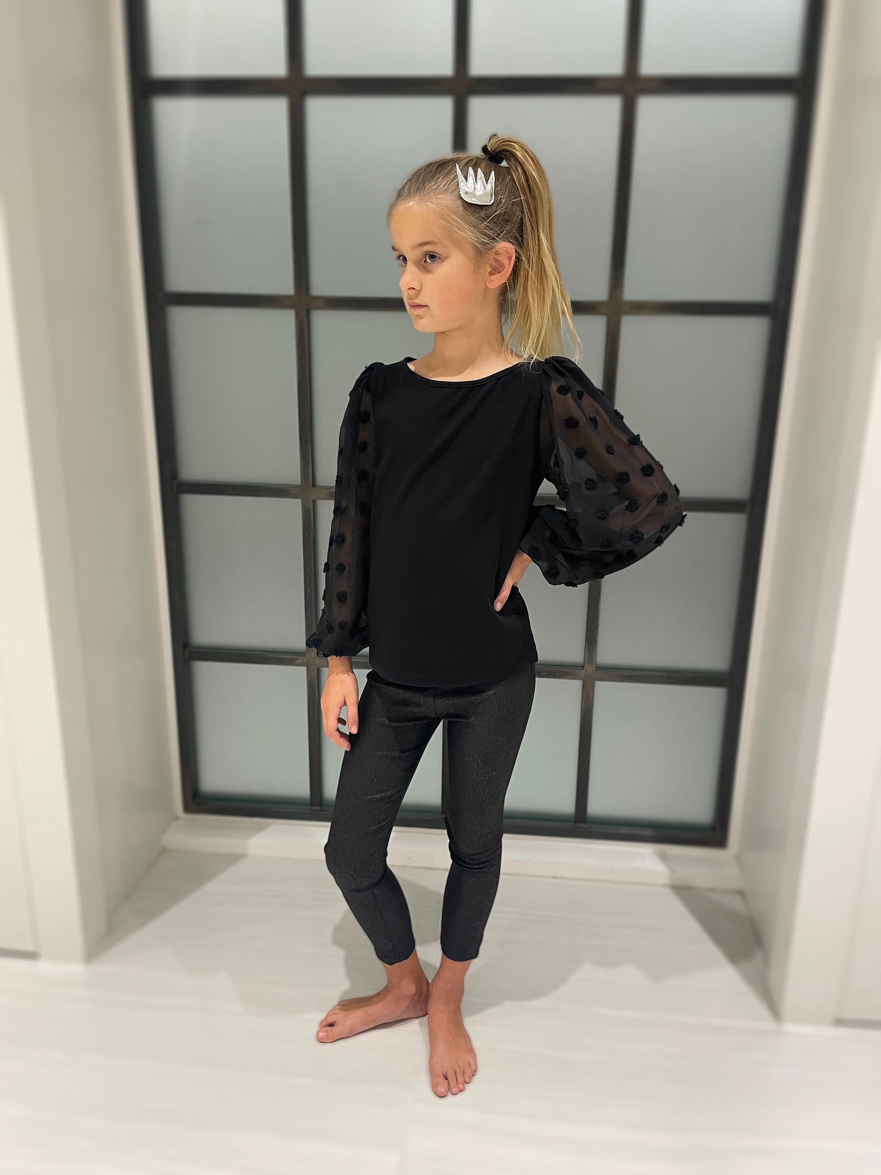 Black Textured-Sleeve Top