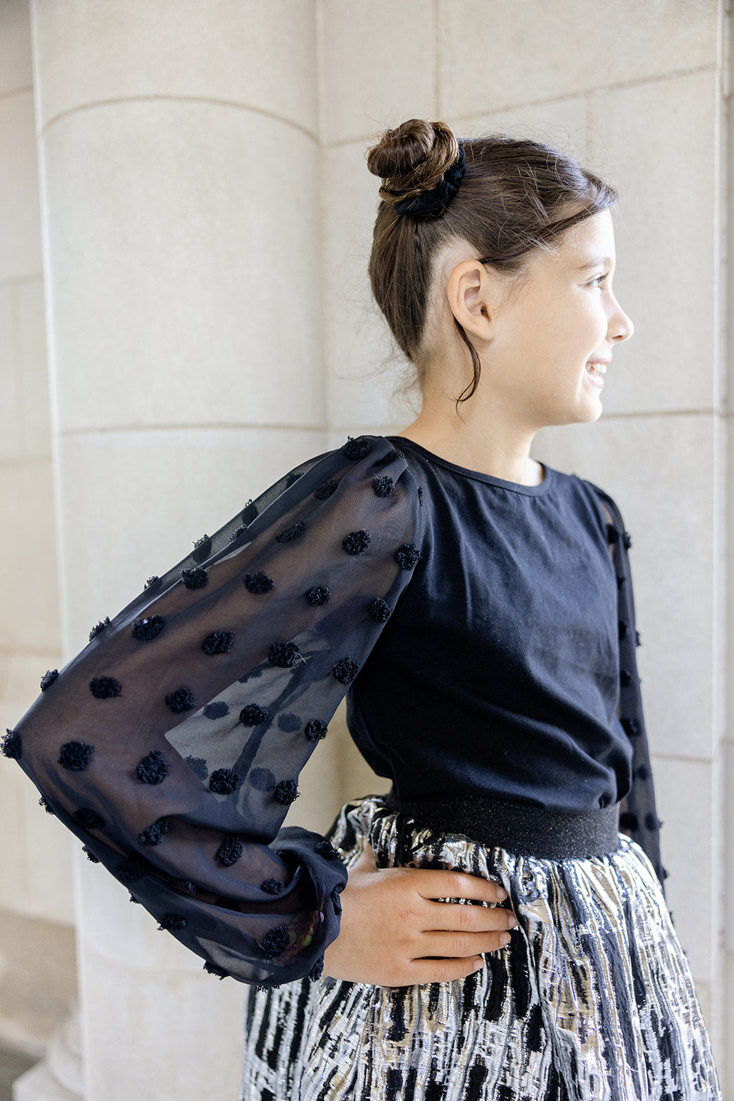 Black Textured-Sleeve Top