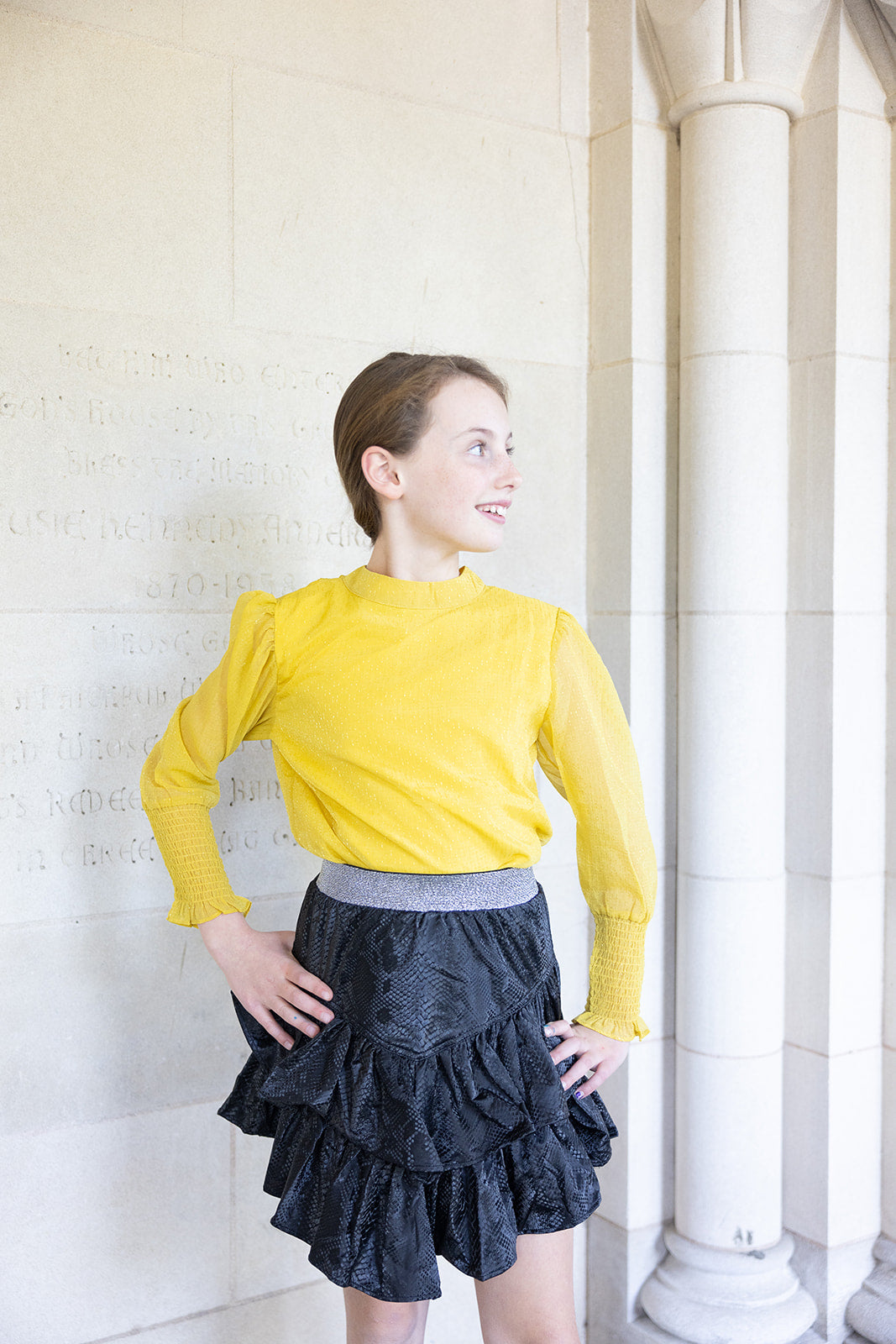 Yellow Tie Blouse with Gathered Balloon Sleeve