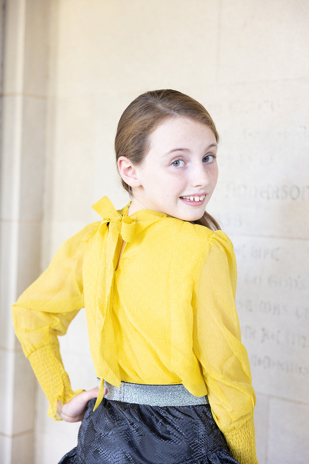 Yellow Tie Blouse with Gathered Balloon Sleeve