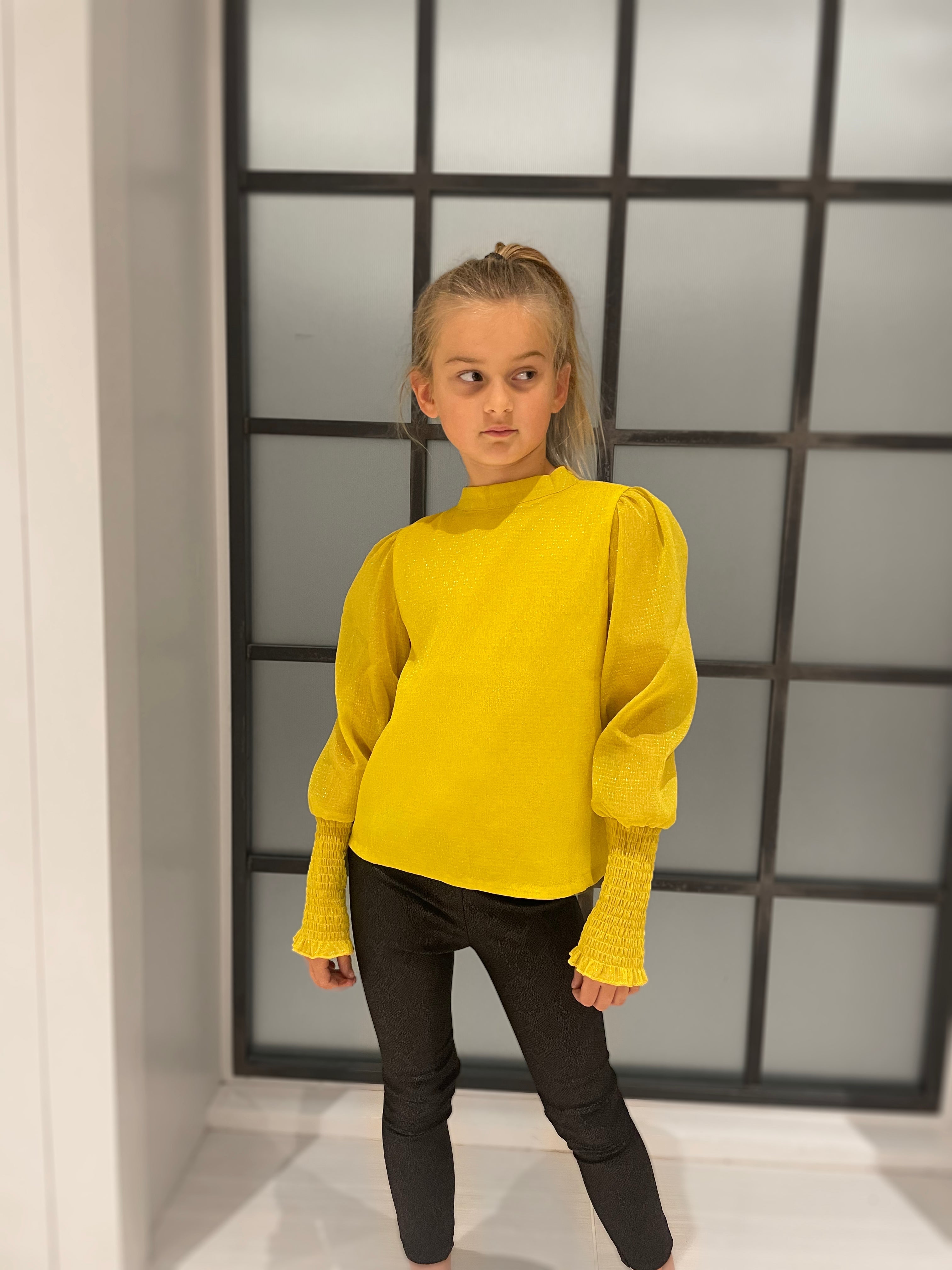 Yellow Tie Blouse with Gathered Balloon Sleeve