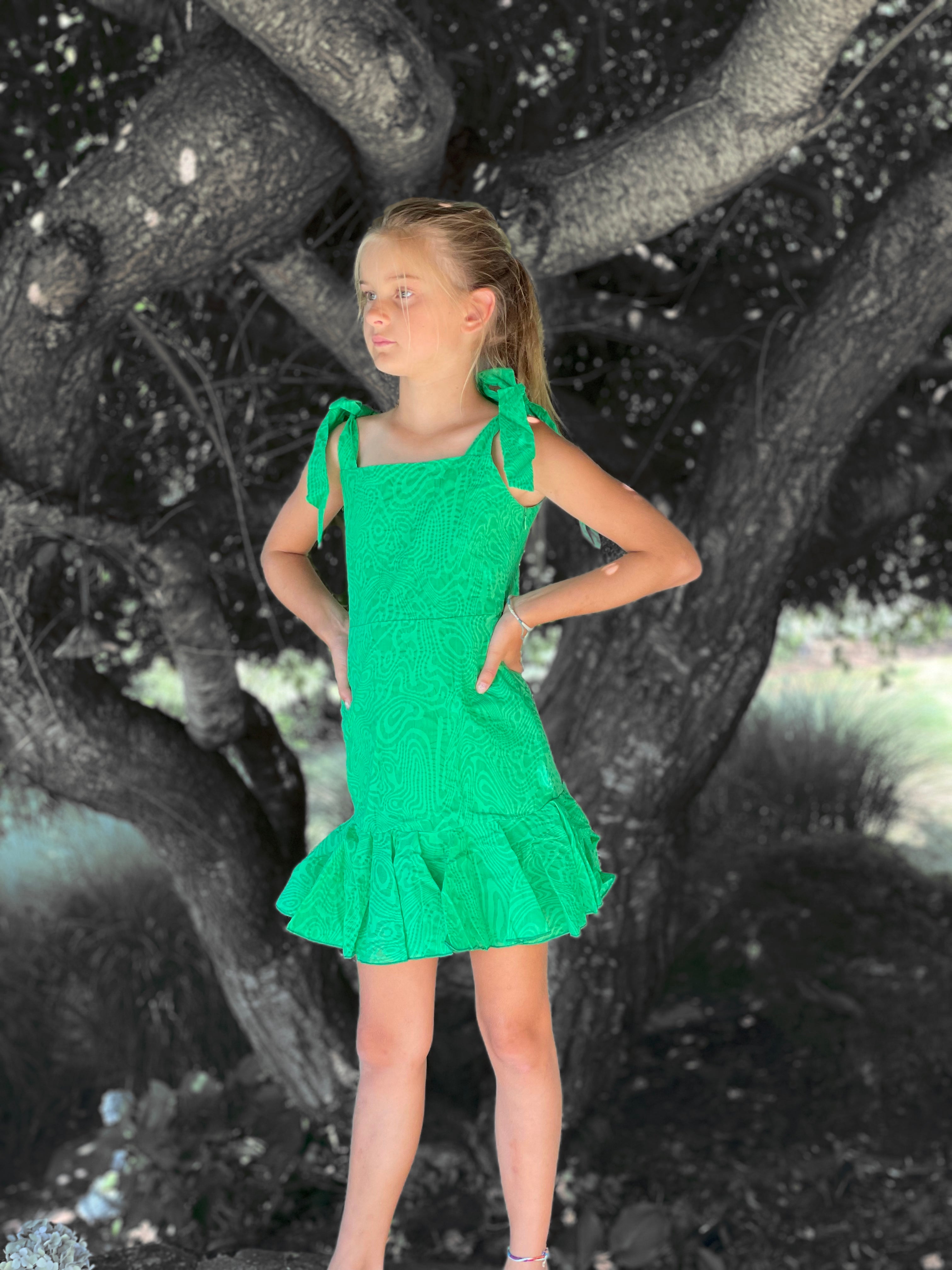 Green Tie Strap Ruffle Dress