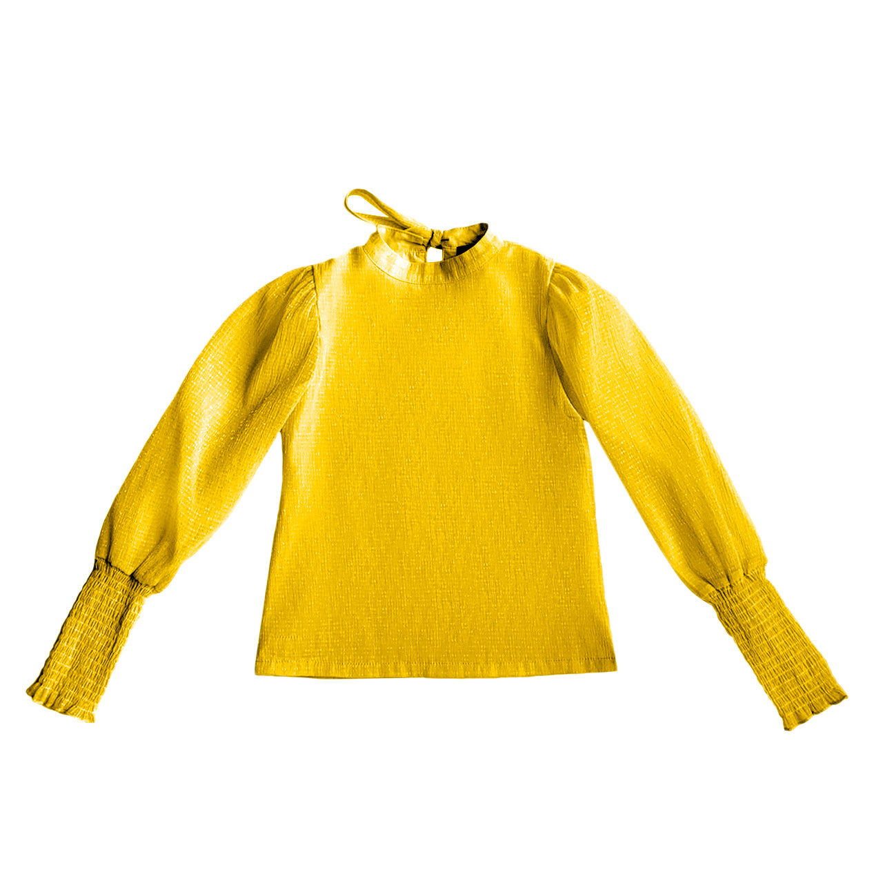 Yellow Tie Blouse with Gathered Balloon Sleeve