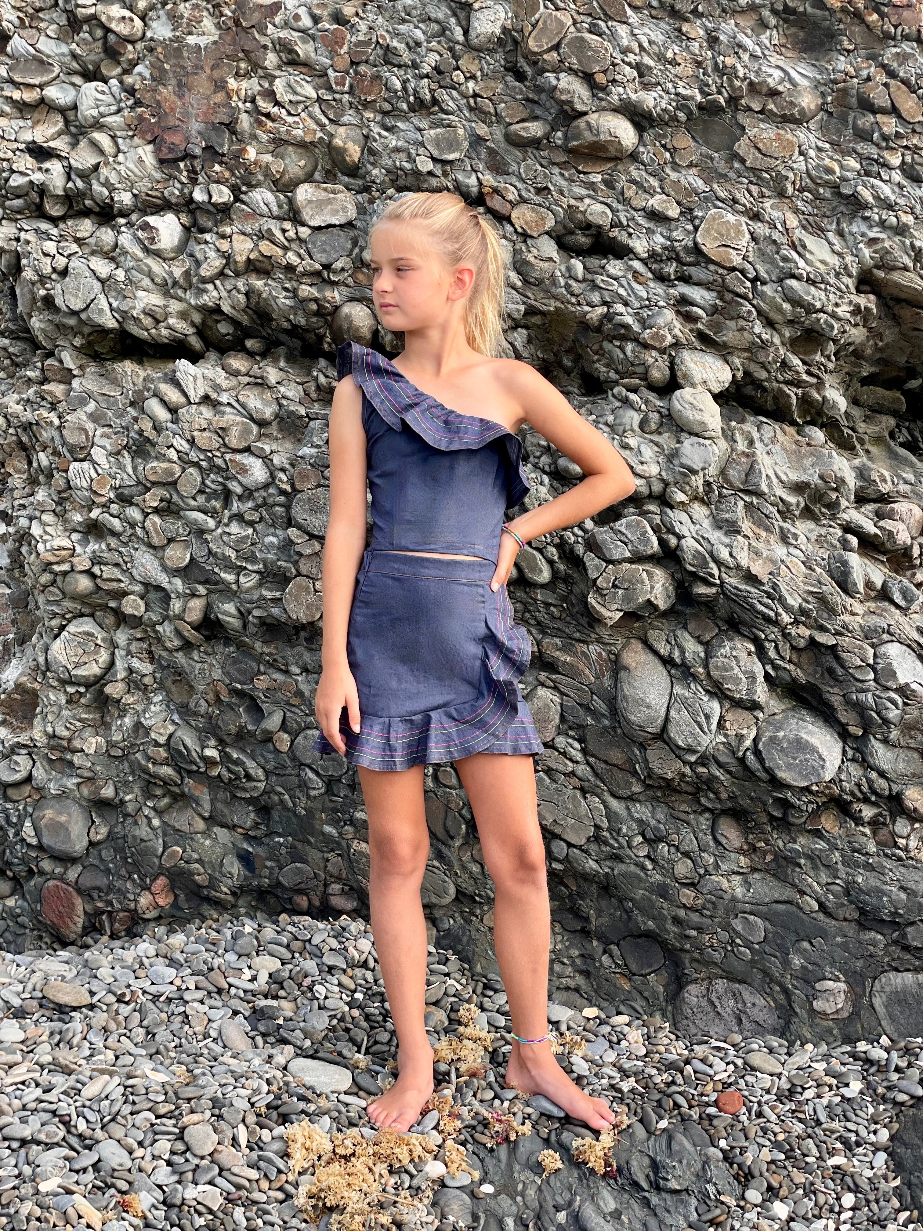 Indigo Embroidered Ruffle Skirt