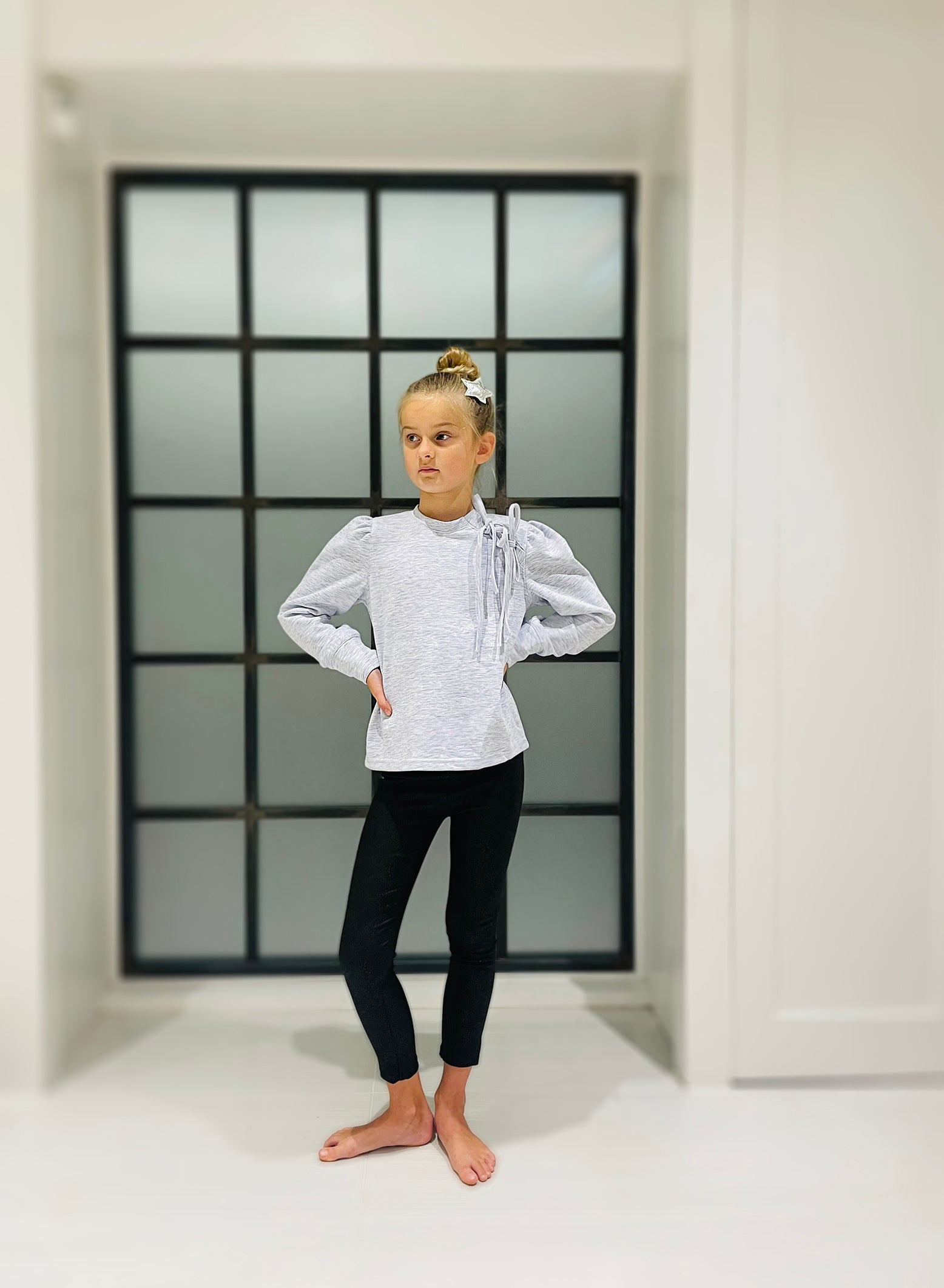 Gray Tie Top with Gathered Sleeve