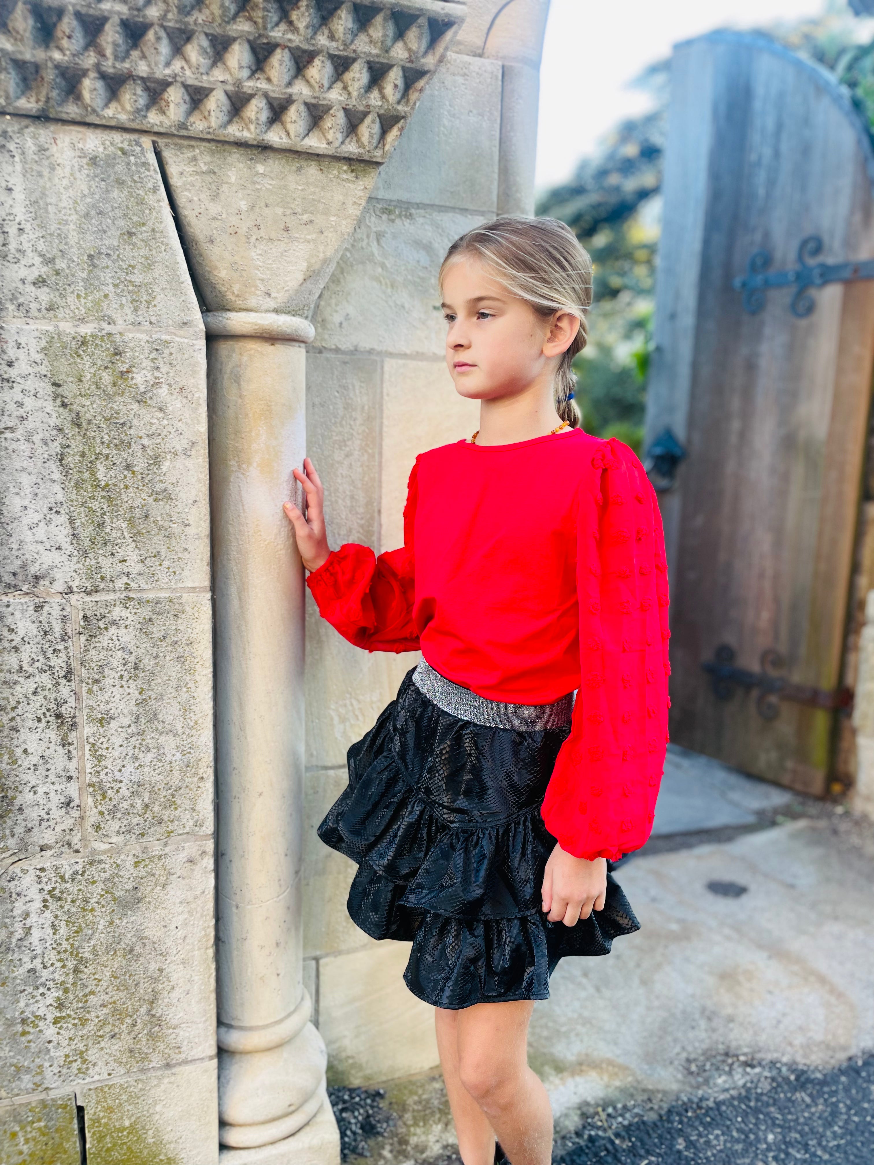 Red Textured-Sleeve Top