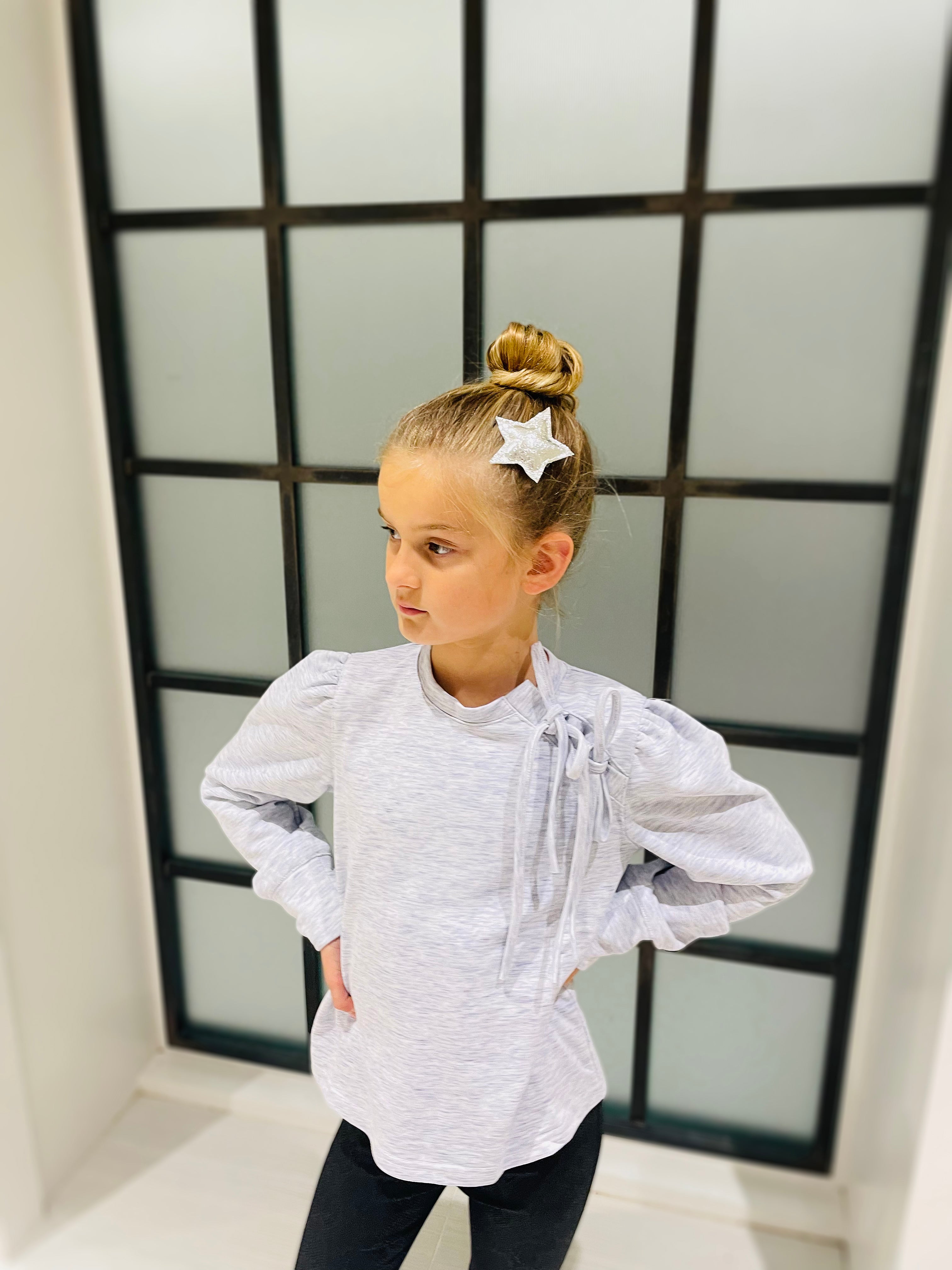 Navy Tie Top with Gathered WS Sleeve