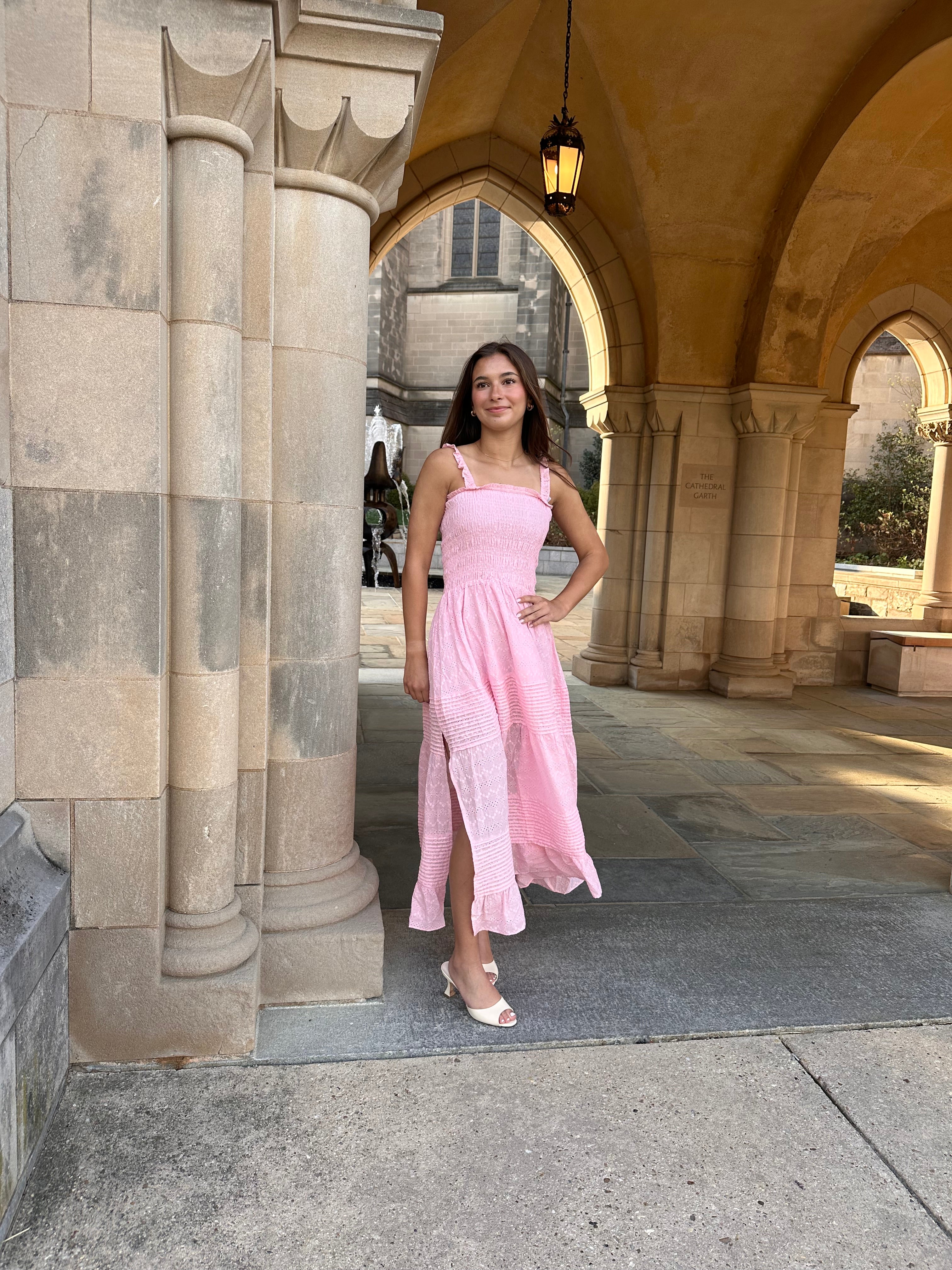 long pink ruffle dress Ruffled Bliss Maxi - Get ready to turn heads in the Anais Maxi Dress Glitter Lace Appliques Ruffle Tiered