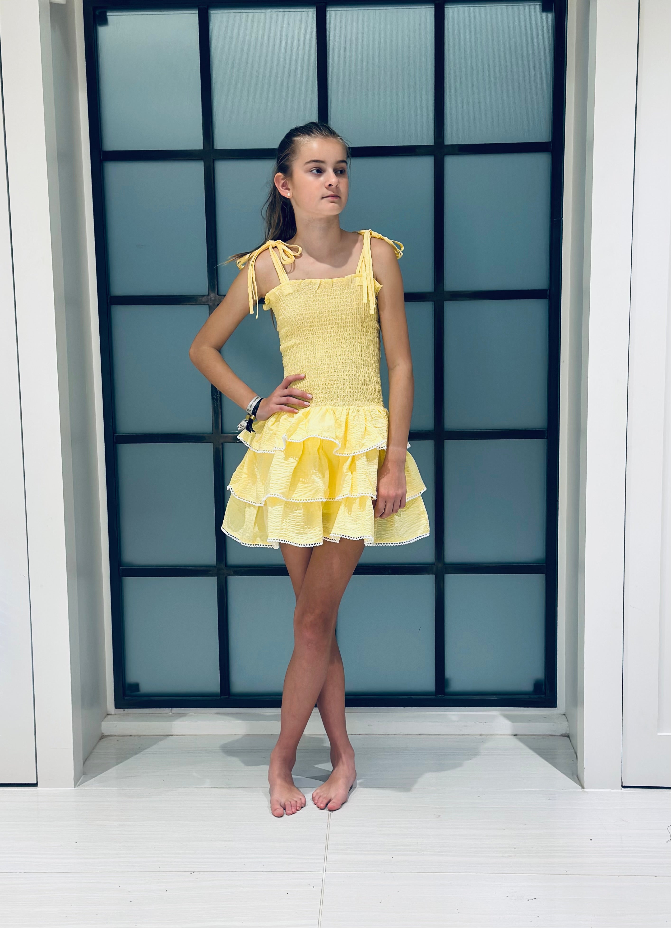 Girls Tie-Shoulder Smocked Dress - Yellow