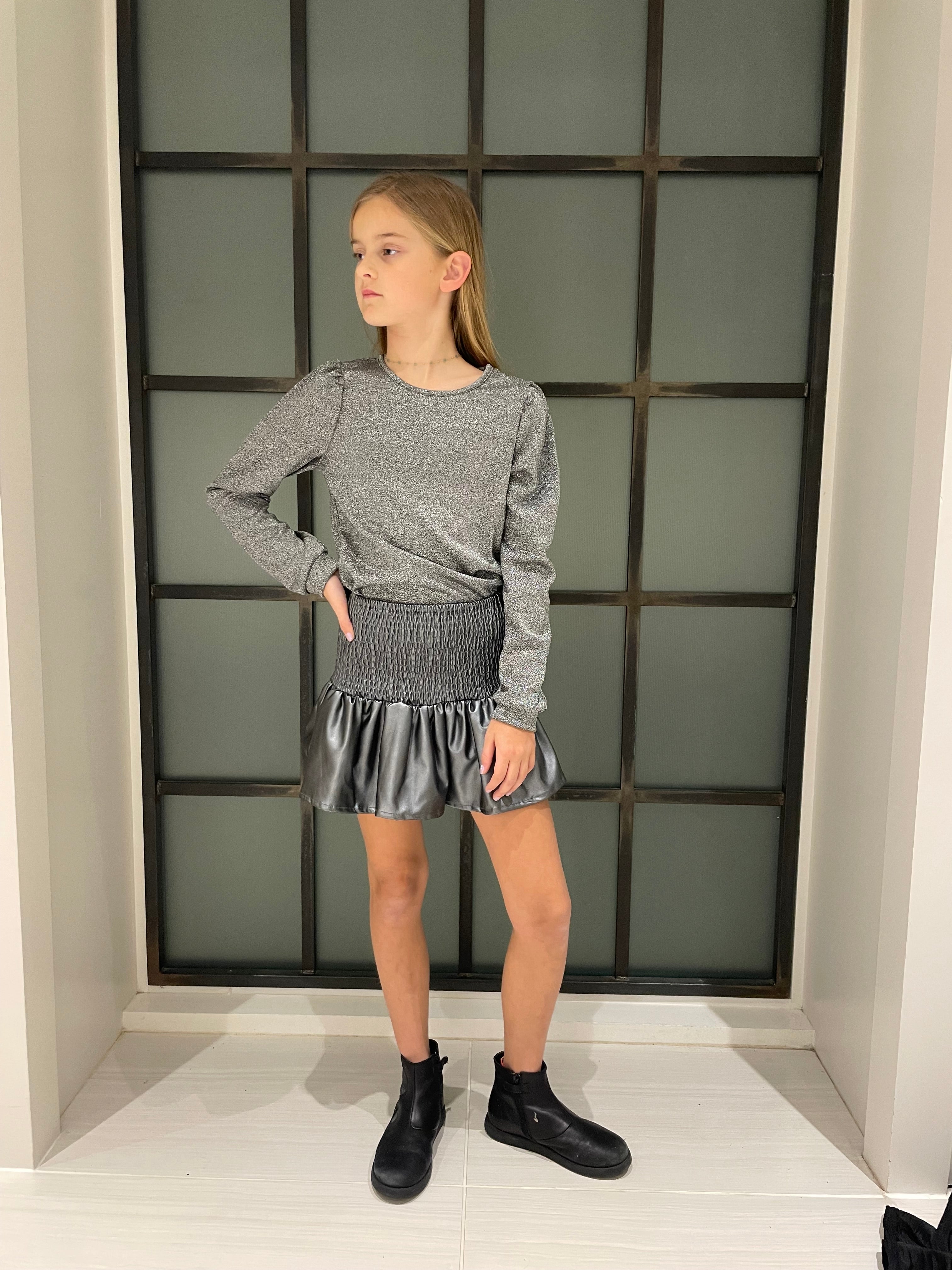 Silver Faux Leather Smocked Ruffle Mini Skirt FW23
