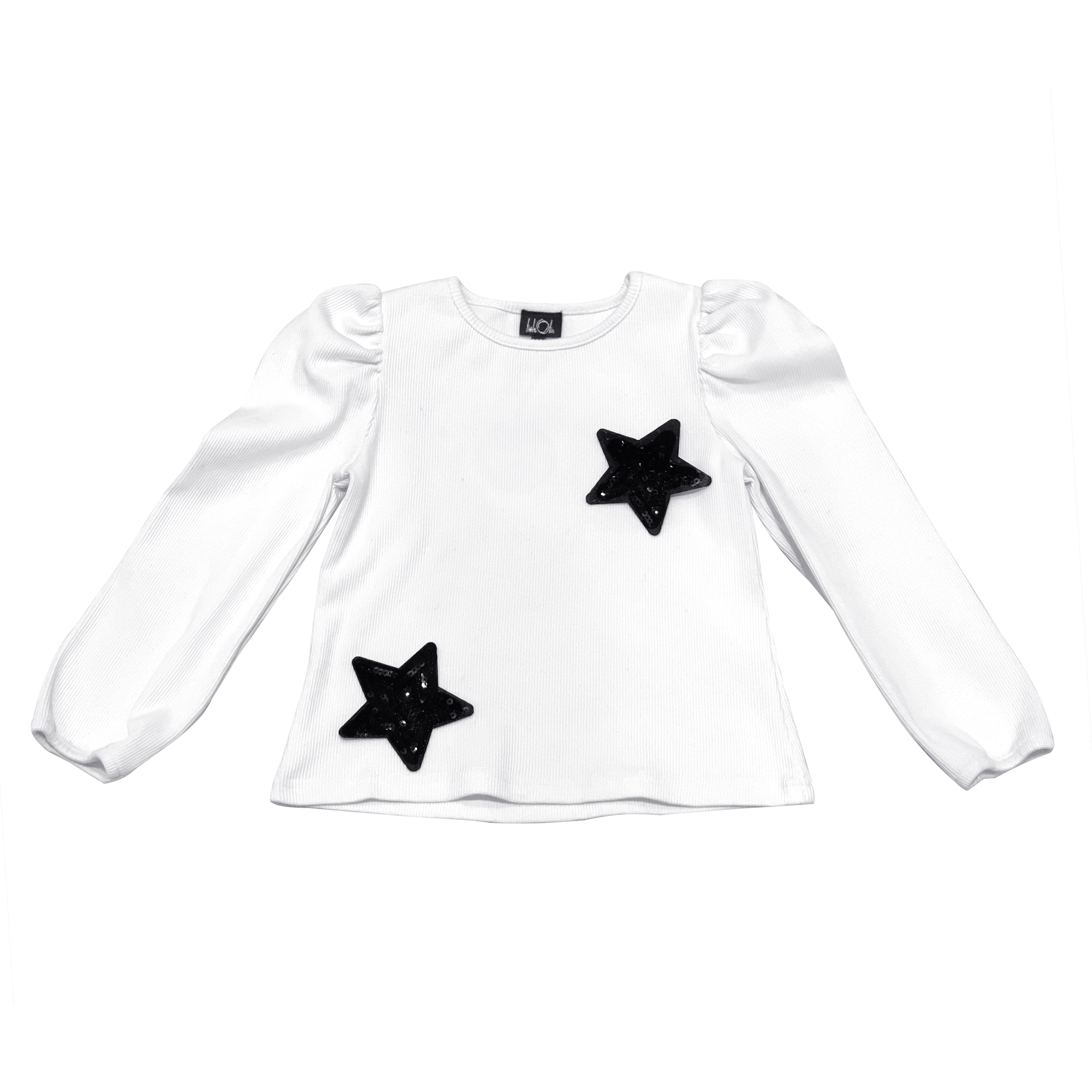 White Ribbed Jersey Top with Black Stars FW23