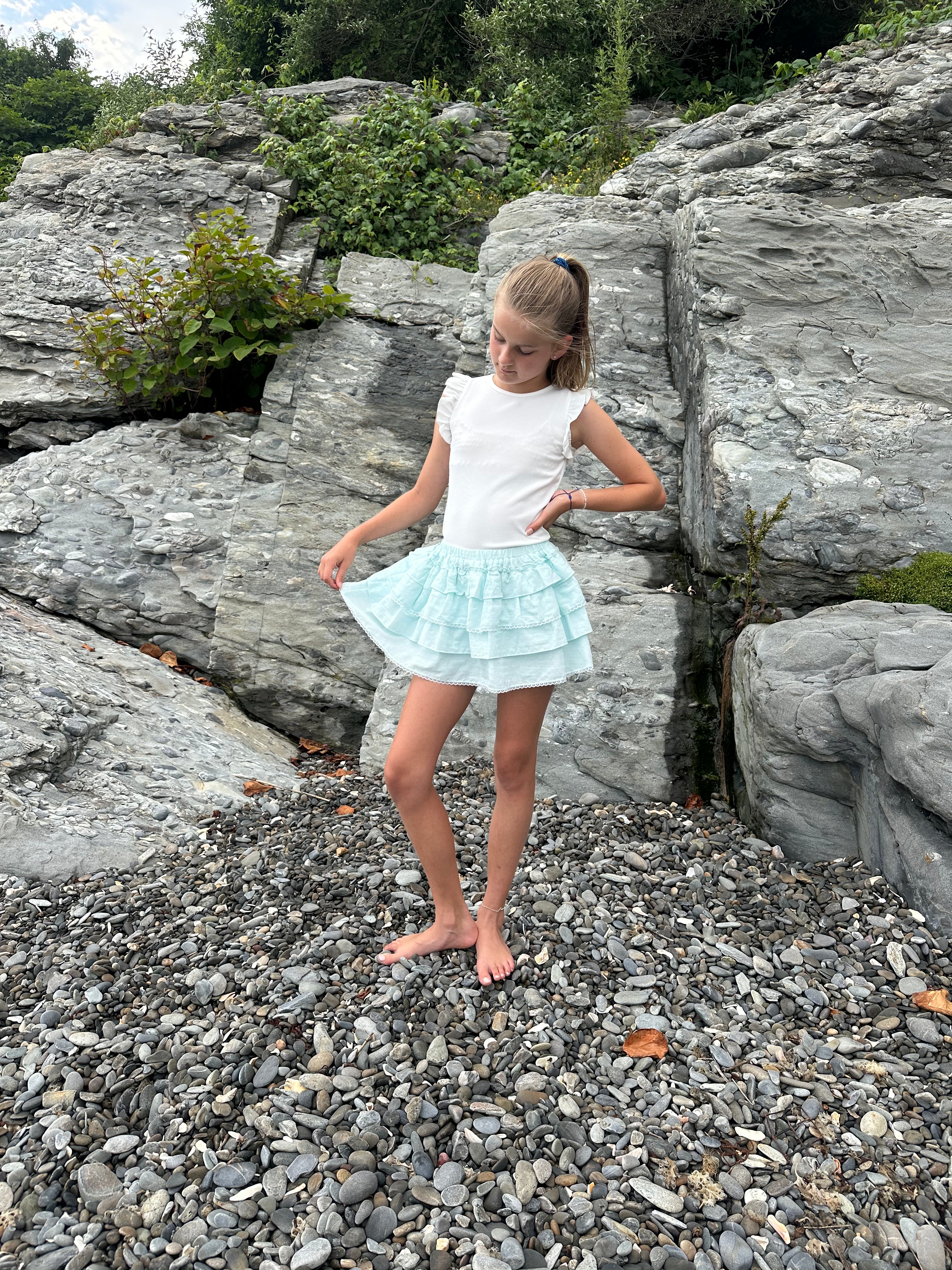 Blue Rib Flutter Sleeve Top