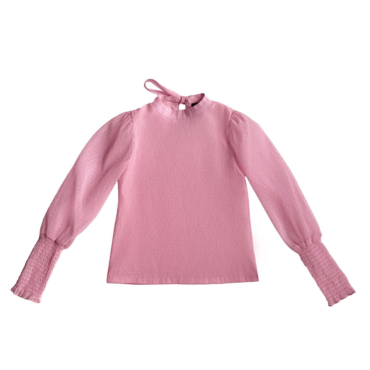 Pink Tie Blouse with Gathered Balloon Sleeve